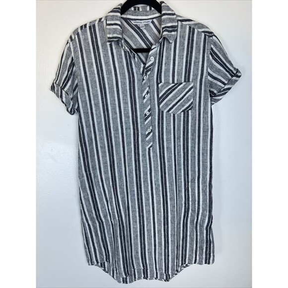 Adrienne Vittadini Short Sleeve Linen Striped Dress Size Small Boho Gray White - Picture 1 of 4
